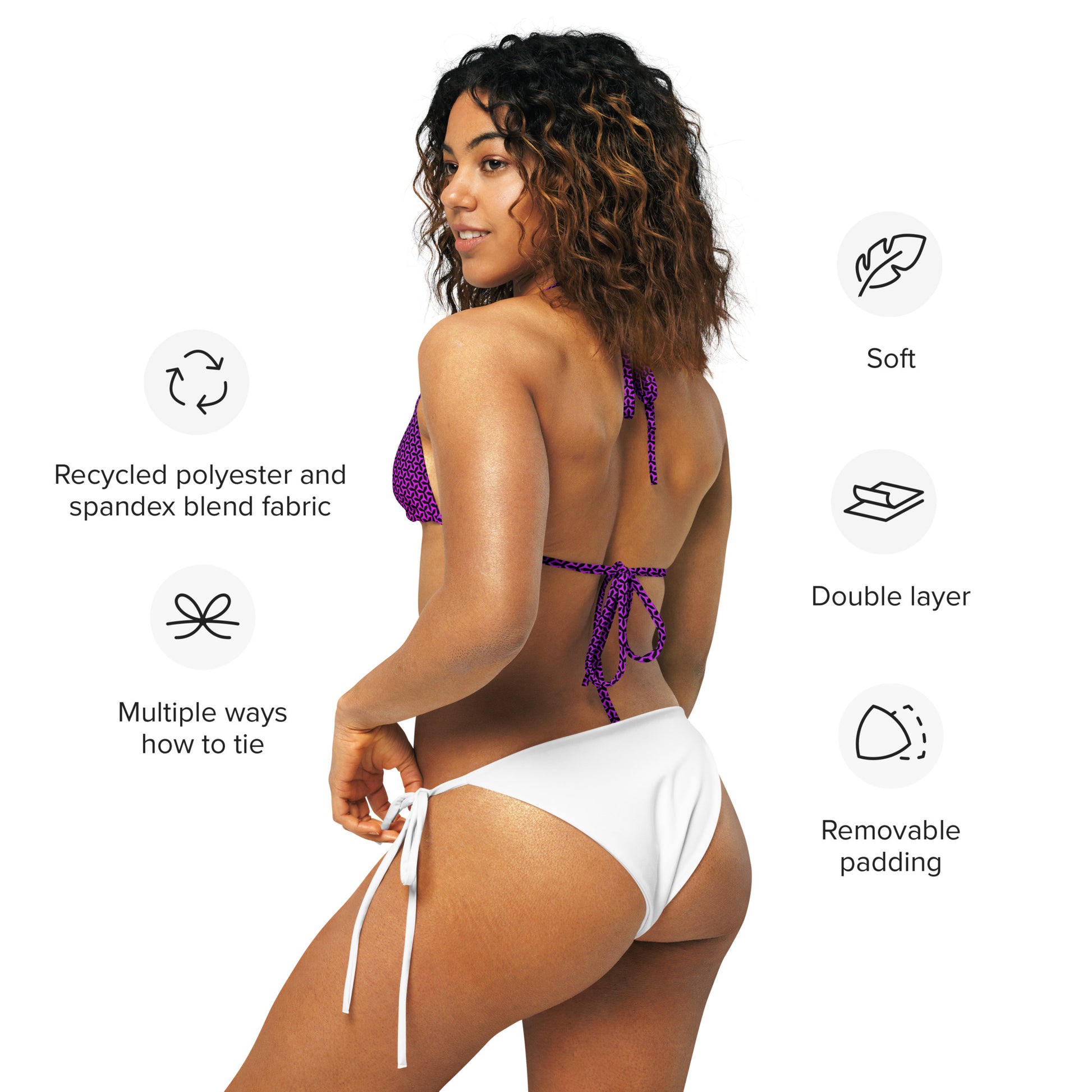 Woman in an aisoi String Bikini Top |  Propeller Magenta - specifications