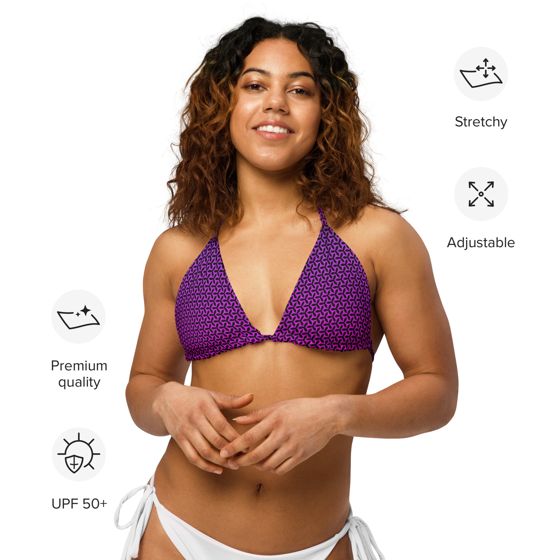 Woman in an aisoi String Bikini Top |  Propeller Magenta - specifications