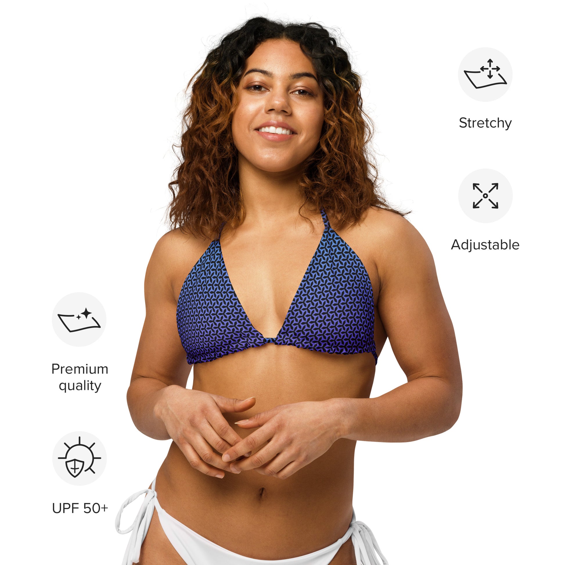 Woman in an aisoi String Bikini Top |  Propeller Blue - specifications of the product