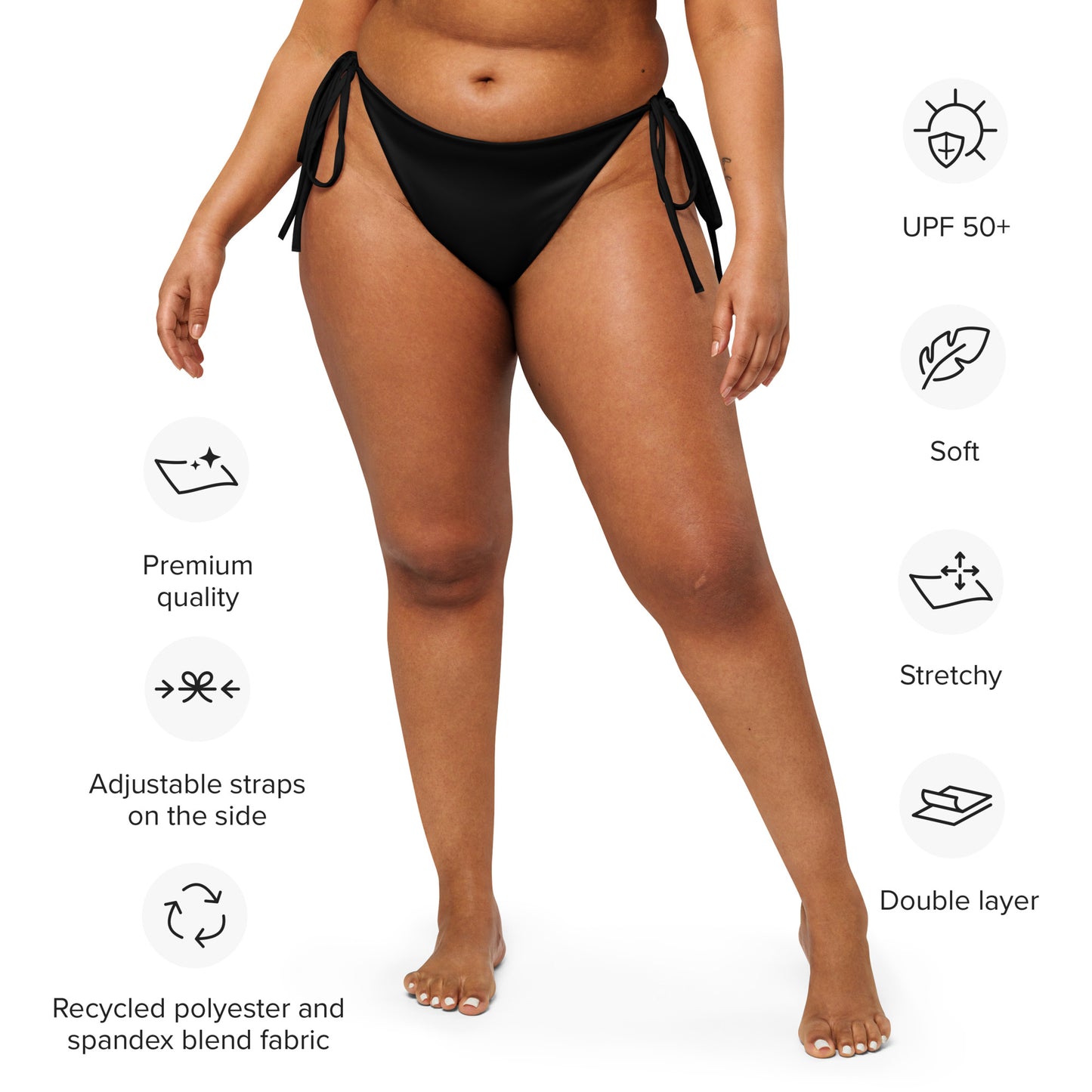 Woman in an aisoi String Bikini Bottom | True Black